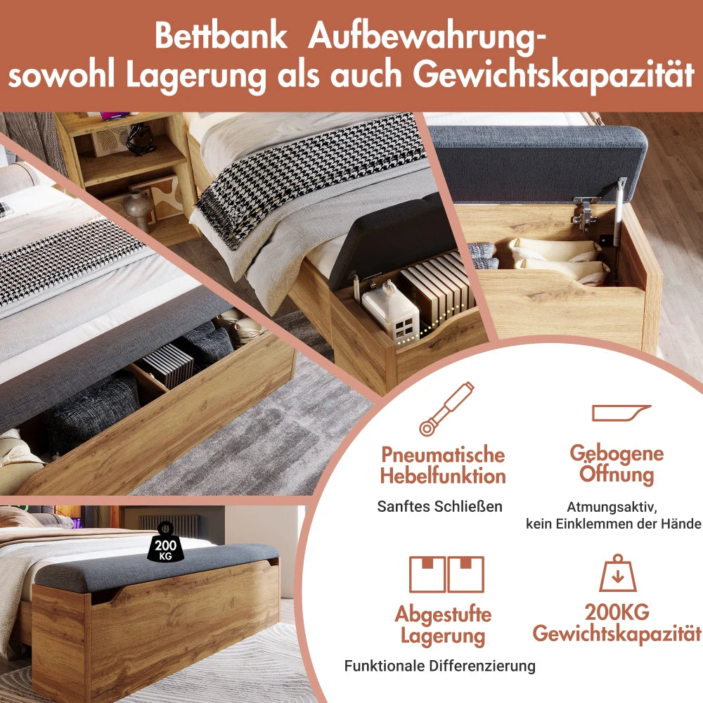 Double Wooden Bed with Folding Headboard, Linen