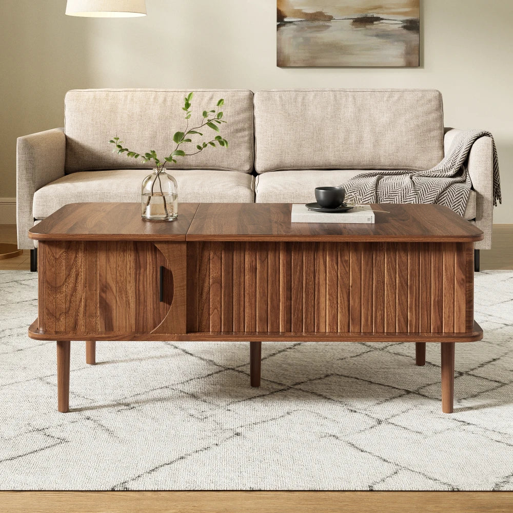 Living Room Coffee Table with Sliding Door & Wooden Legs