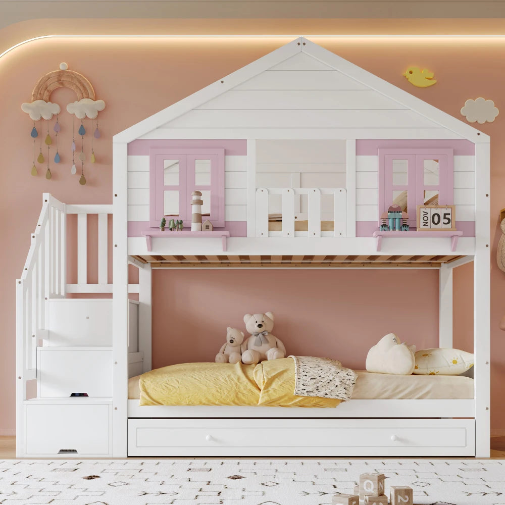 90x200cm Children's Bunk Bed with Roll-away Bed, Baby Cot, Hanging Area