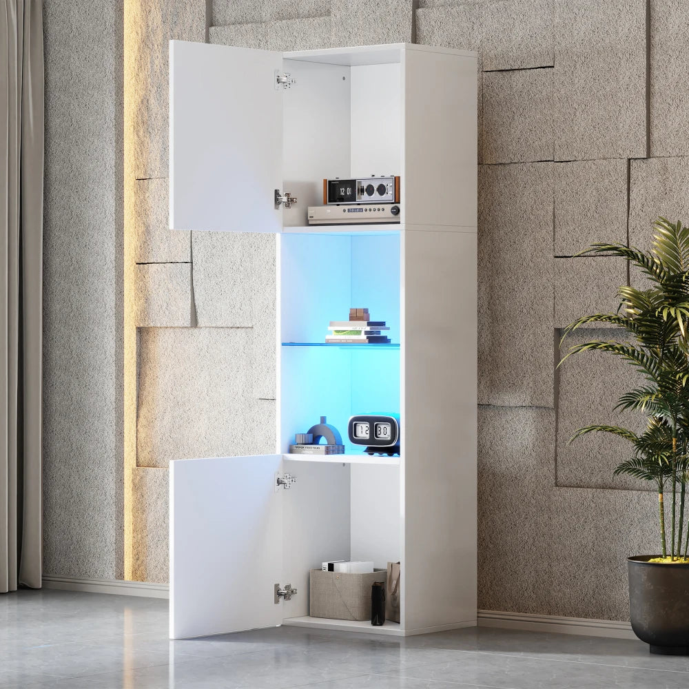 45×35×160cm High-gloss Display Cabinet with LED Lighting, 1 Glass Floor