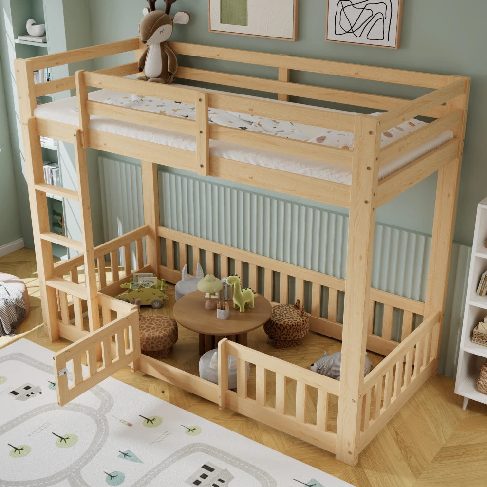 90x200cm Bunk Bed, Wooden Bed, with Rectangular Staircase, Railing and Door