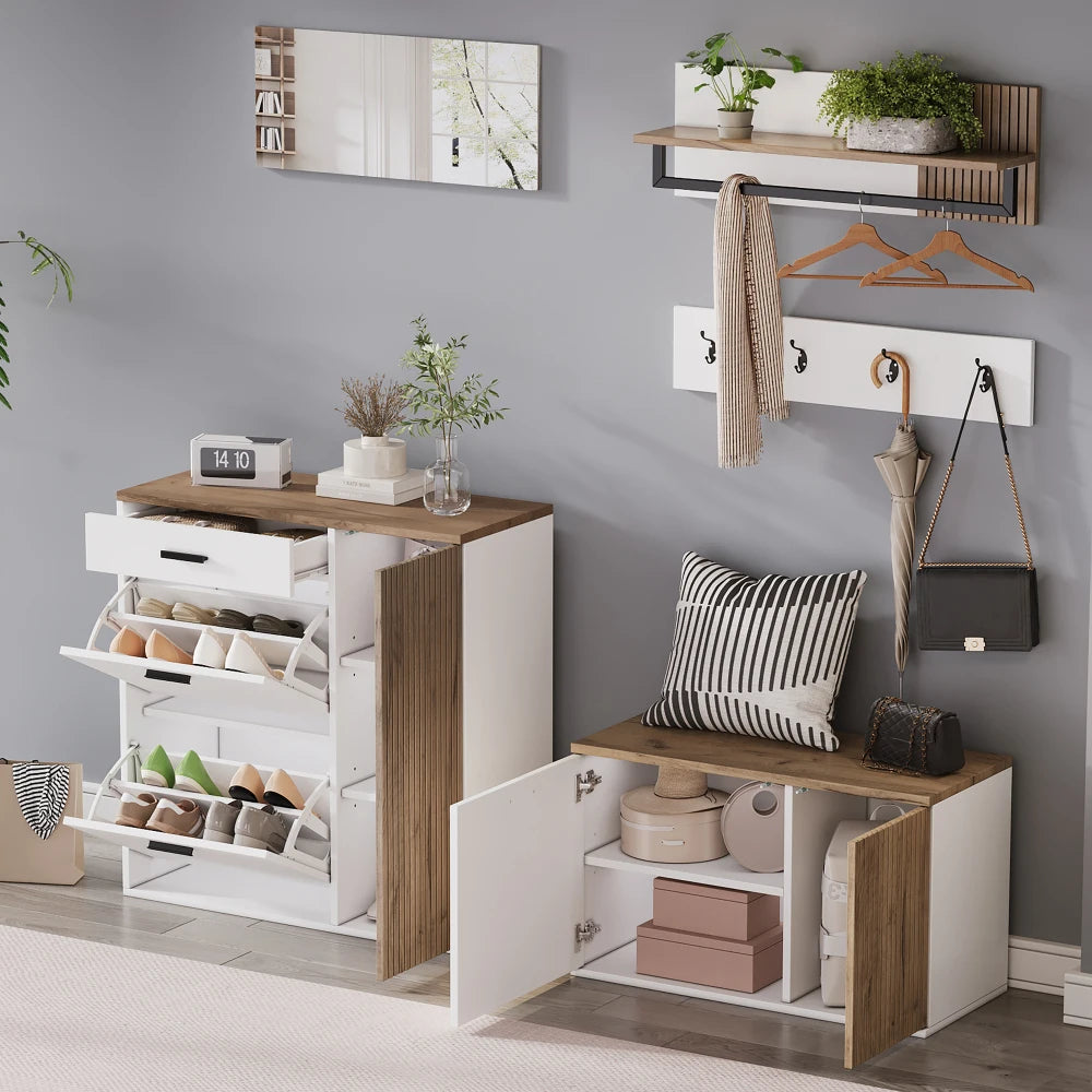 Shoe Cabinet + Wardrobe Rack Set, 5-piece, Shoe Cabinet, Shoe Bench, Mirror