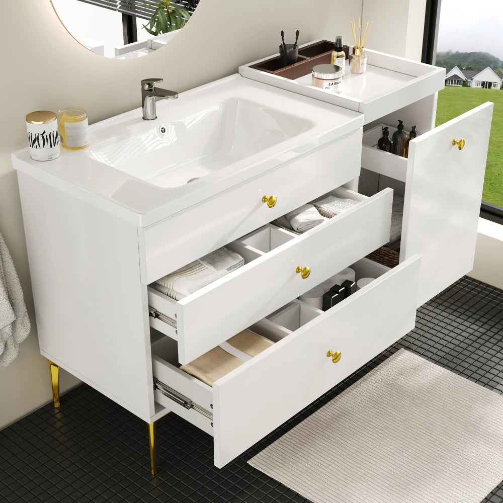 White Wall Mounted Bathroom Cabinet, Ceramic Sink Cabinet with Drawers