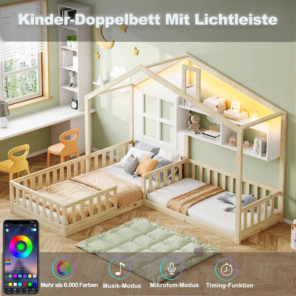 90x200cm (140x70cm) Bed with Window Shelves, LED Light Strip