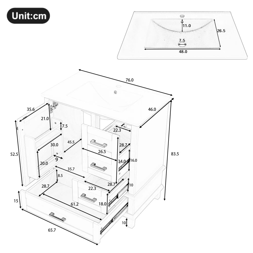 76x46x83, 5cm Floor-standing Bathroom Cabinet with Sink, Full Lacquer