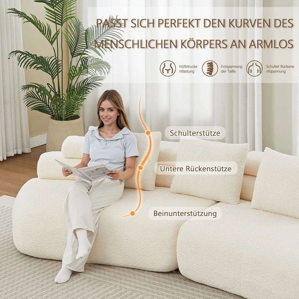 Modern Armless Modular Chenille Sofa, Curved Cashew Shape Design