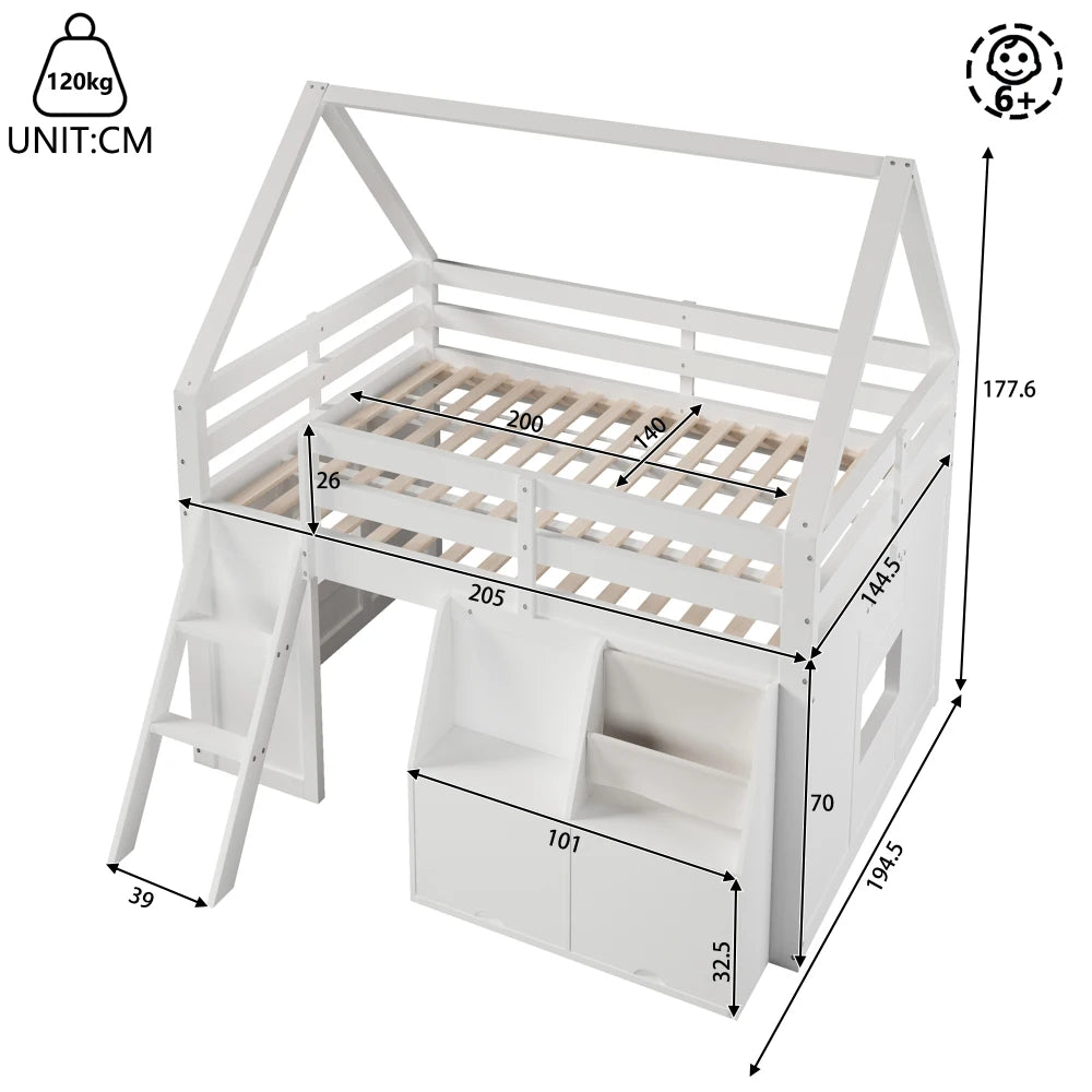 140×200cm White House‑Shaped High Bed Frame with Stairs