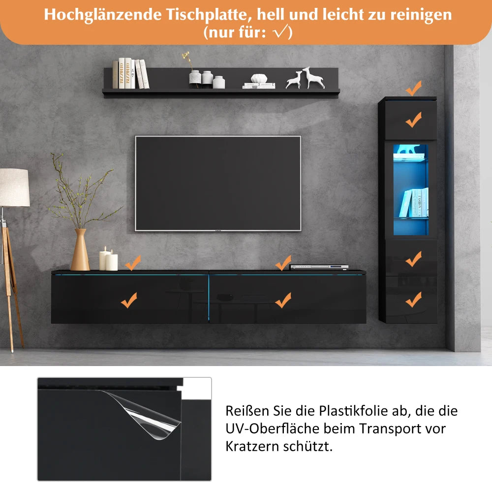 3-Piece TV Living Wall Set with LED Lighting, High Gloss Furniture Set