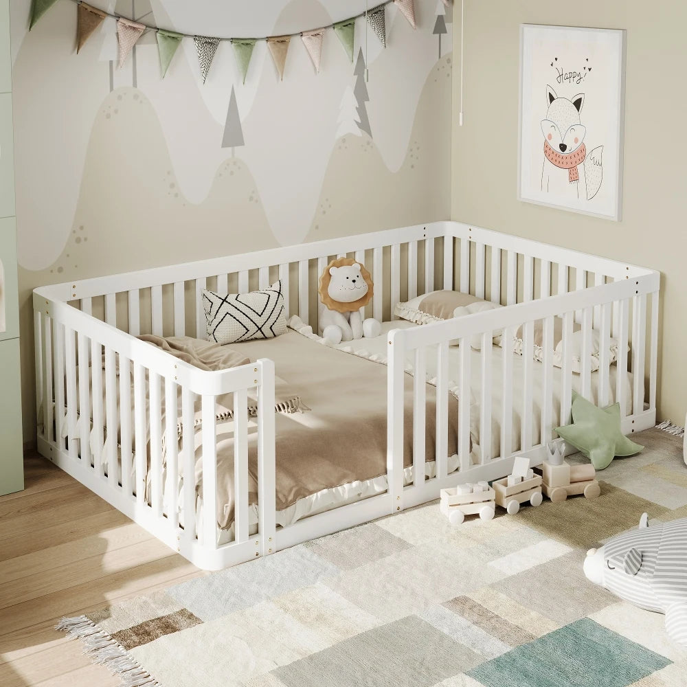 90x200cm Modern Wooden Bed Frame with Savety Fence, Children's Bed, Cot