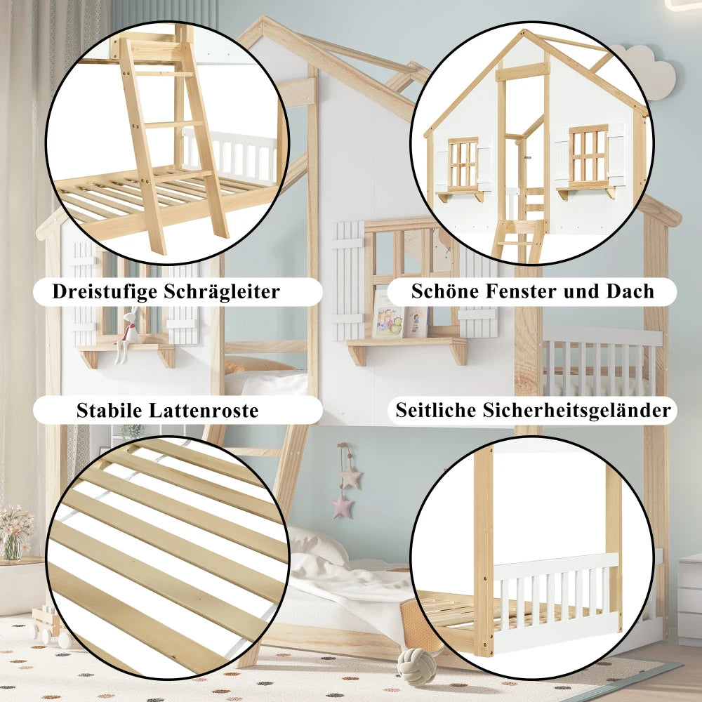 Bunk Bed, Children's Cot, Beautiful Window and Roof, Stable Slat Grille
