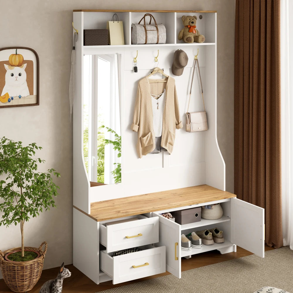 Multifunctional Shoe Cabinet with LED Lighting, Mirror, Hooks and Drawers