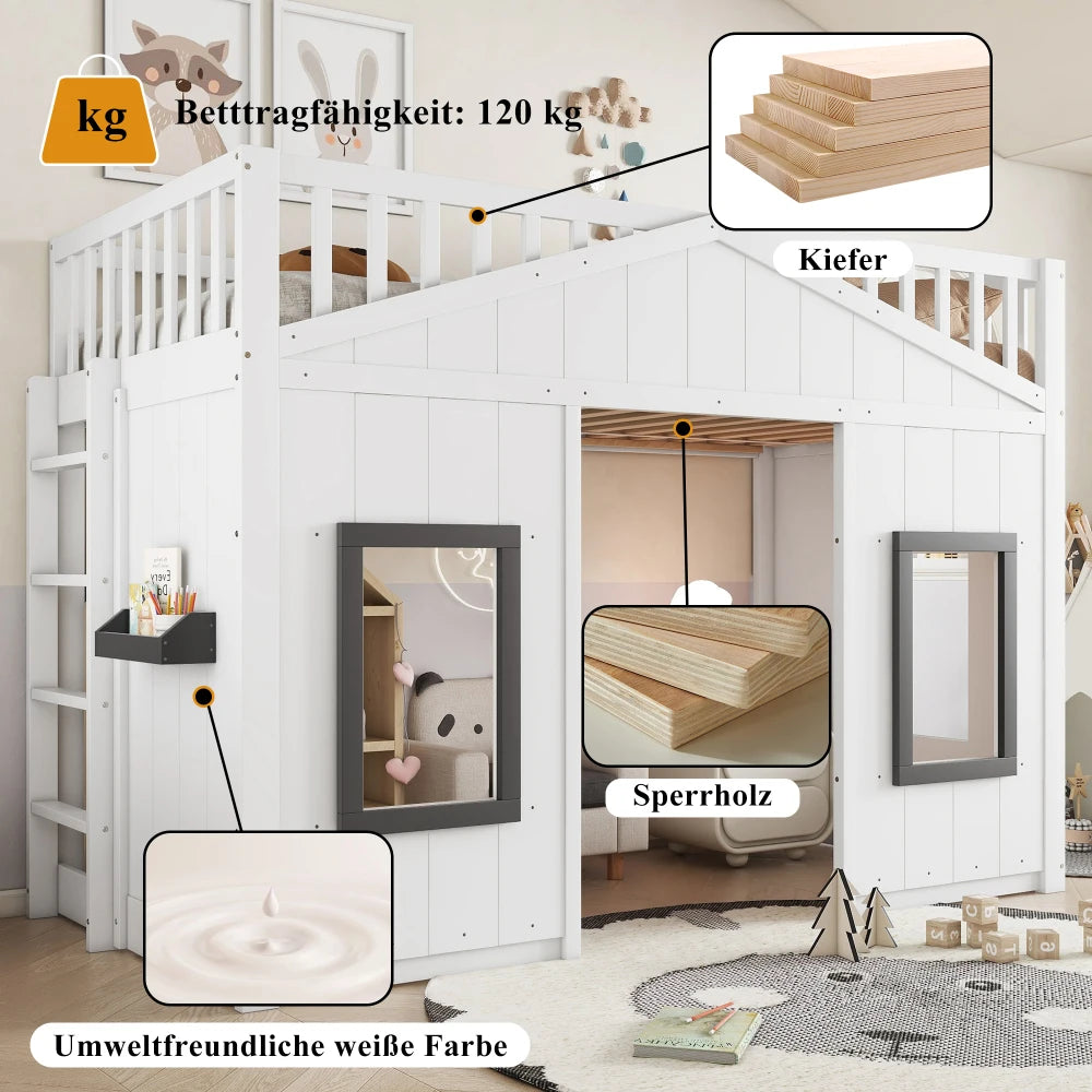 Modern Kids 90x200cm House Bunk Bed Pine Wood Frame with Stairs Window Parachute