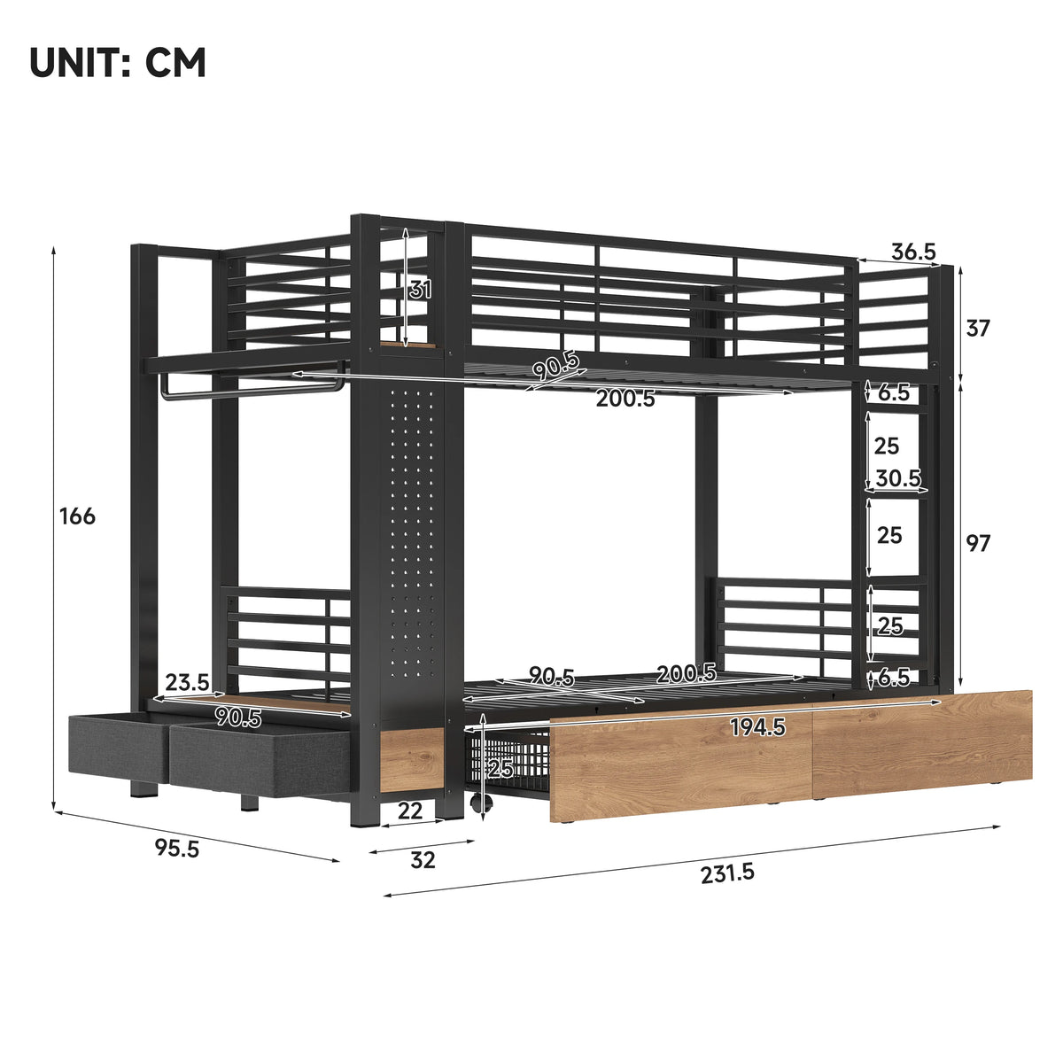 Køjeseng i hvidt metal 90x200 cm med 4 skuffer
