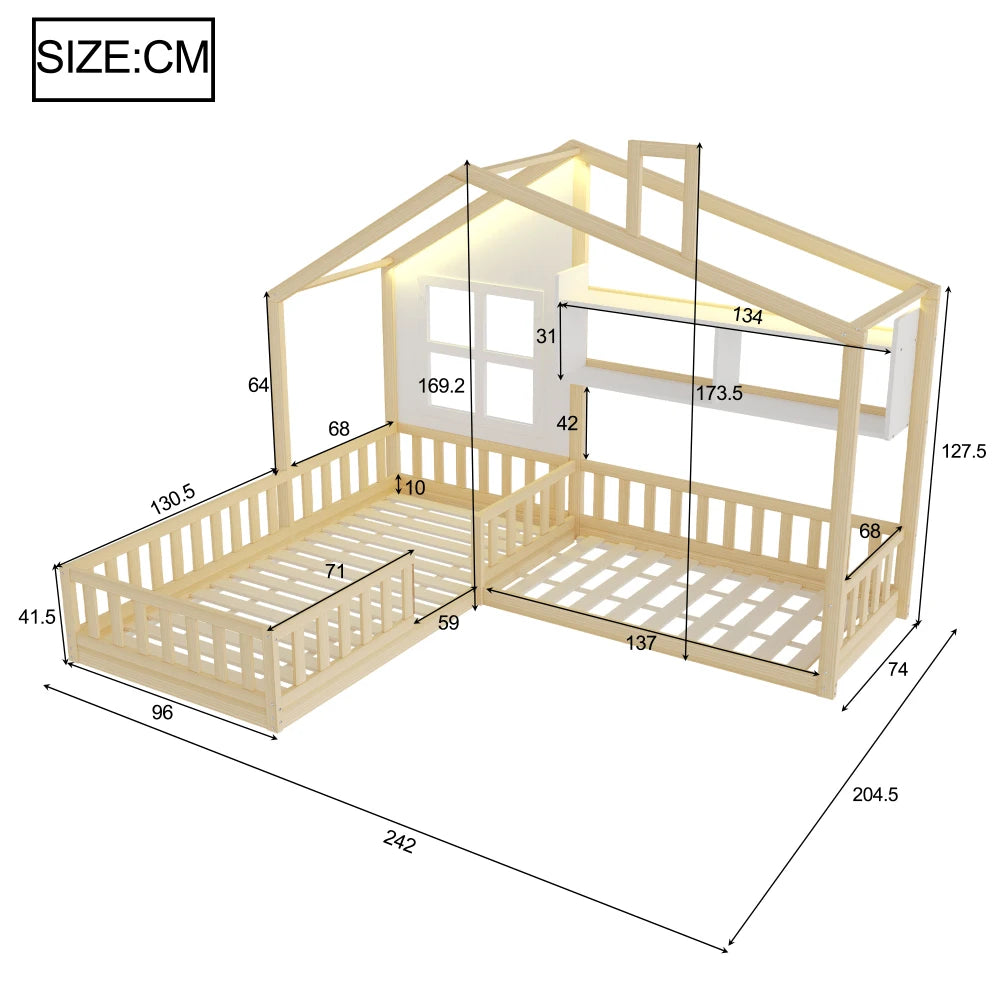 90x200cm (140x70cm) Bed with Window Shelves, LED Light Strip