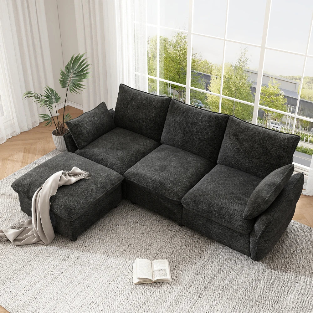 Moderne hjørnesofa i chenille med puf, 3 personer