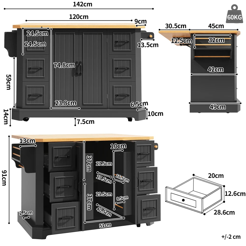 120x45(75)x91cm Modern Mobile Kitchen Island, Kitchen Cabinet