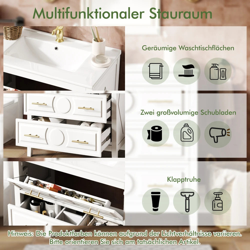Freestanding White Bathroom cabinet with Ceramic Sink & Metal Handles