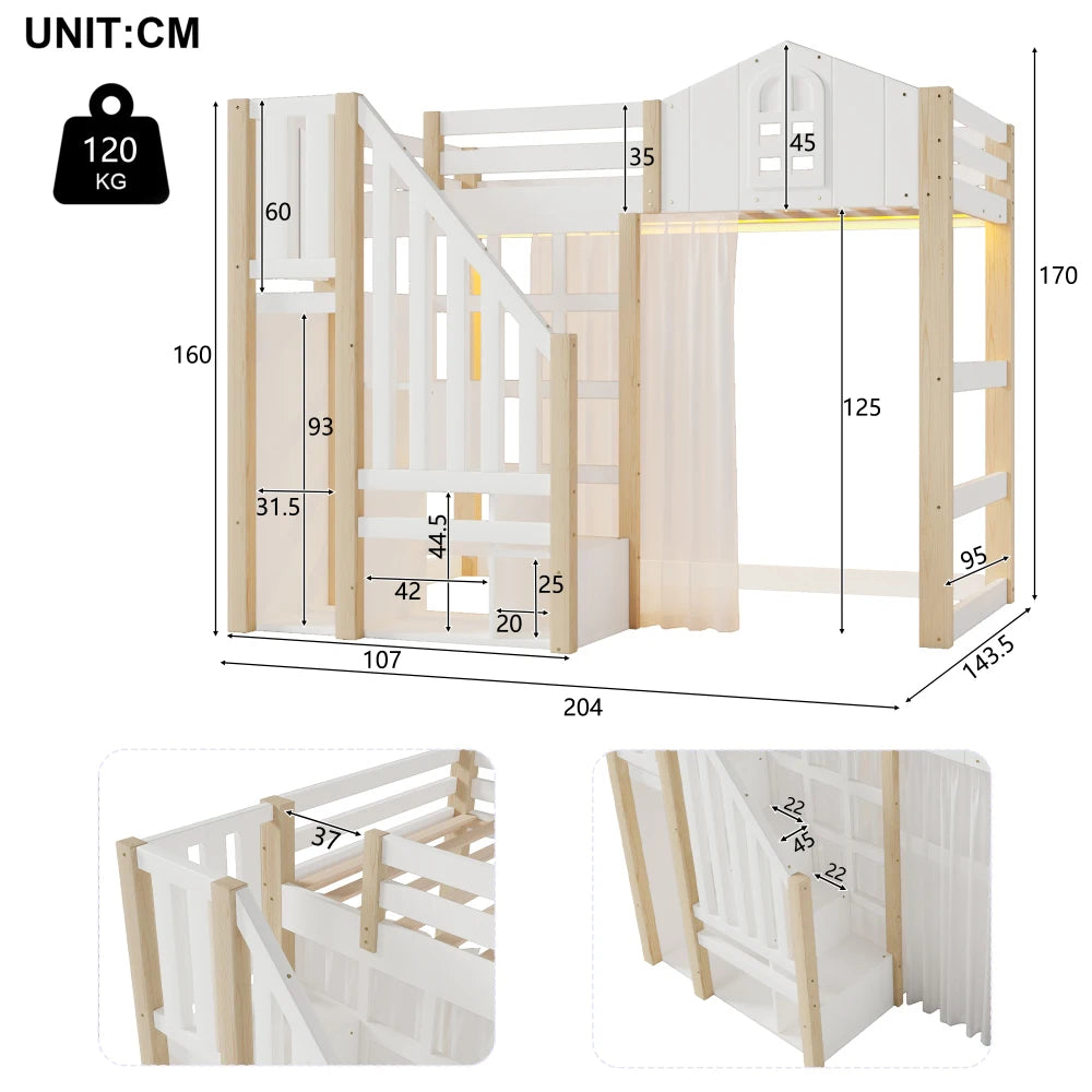 90x200cm Kids Bedroom High Bed, with LED Lights and Gauze, Window Shape