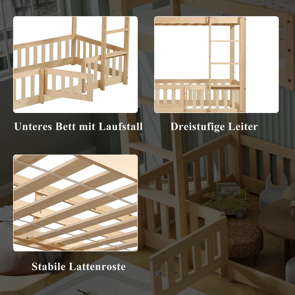 90x200cm Bunk Bed, Wooden Bed, with Rectangular Staircase, Railing and Door