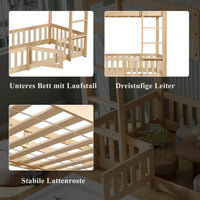90x200cm Bunk Bed, Wooden Bed, with Rectangular Staircase, Railing and Door