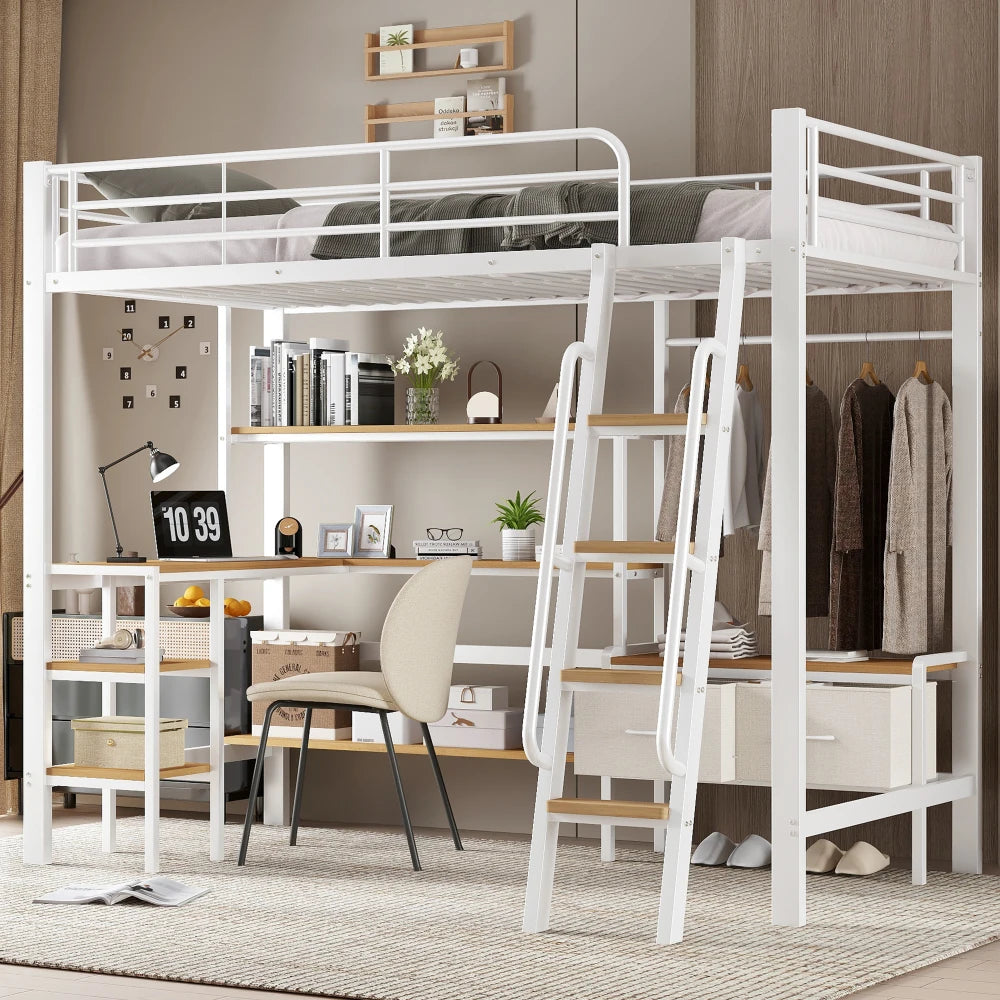 Iron Bed, Bunk Bed, Including Two Storage Boxes, with Desk and Storage Rack