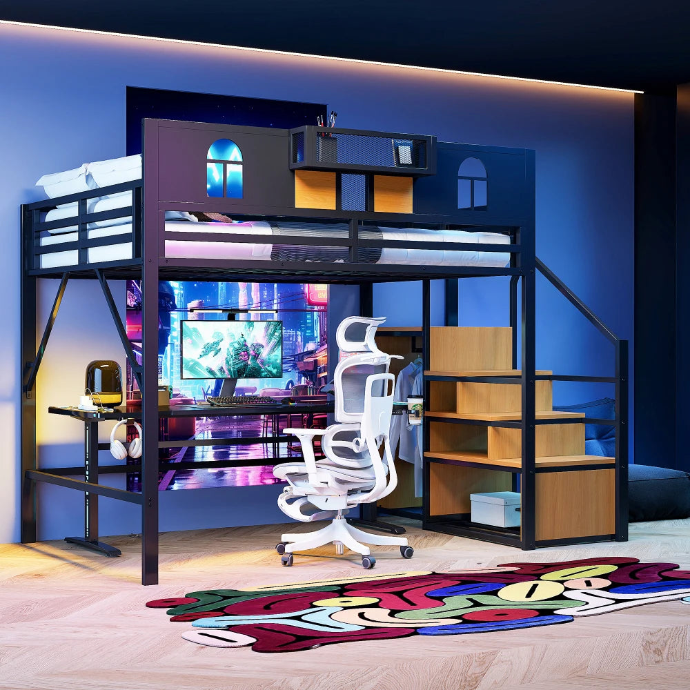 Metal High Bed 140 X 200 Cm, with Storage Guide, Window