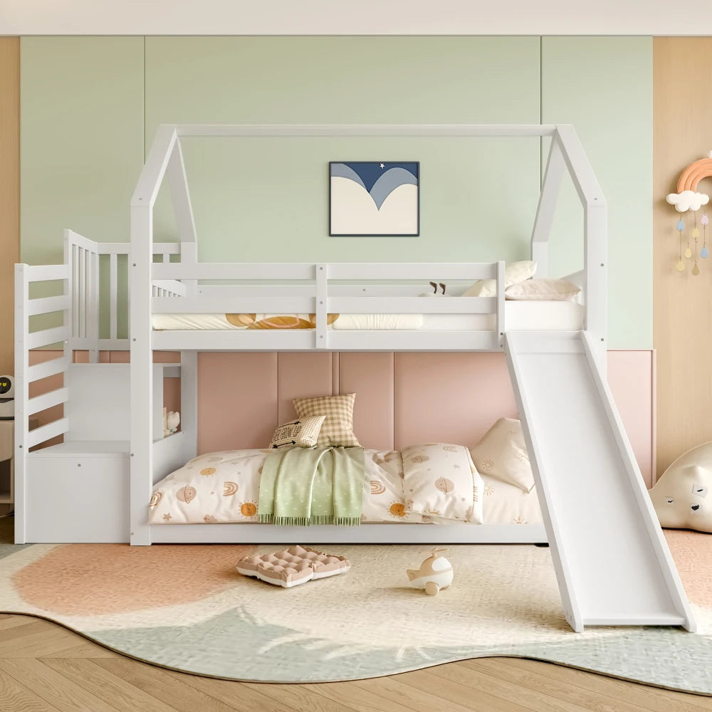 Bunk Bed with Staircase and Slide, House Bed(without Mattress)