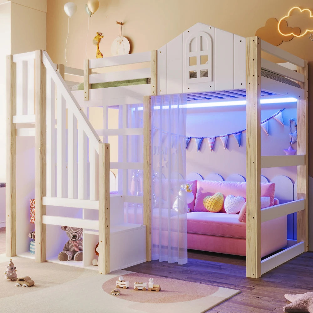 90x200cm Kids Bedroom High Bed, with LED Lights and Gauze, Window Shape