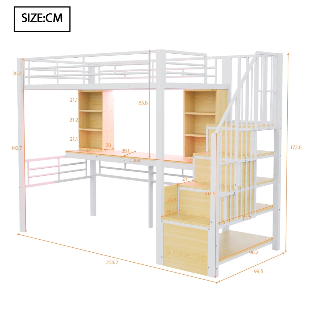 High Bed 90×200cm, with Shelf, Desk, Socket and LED Lighting