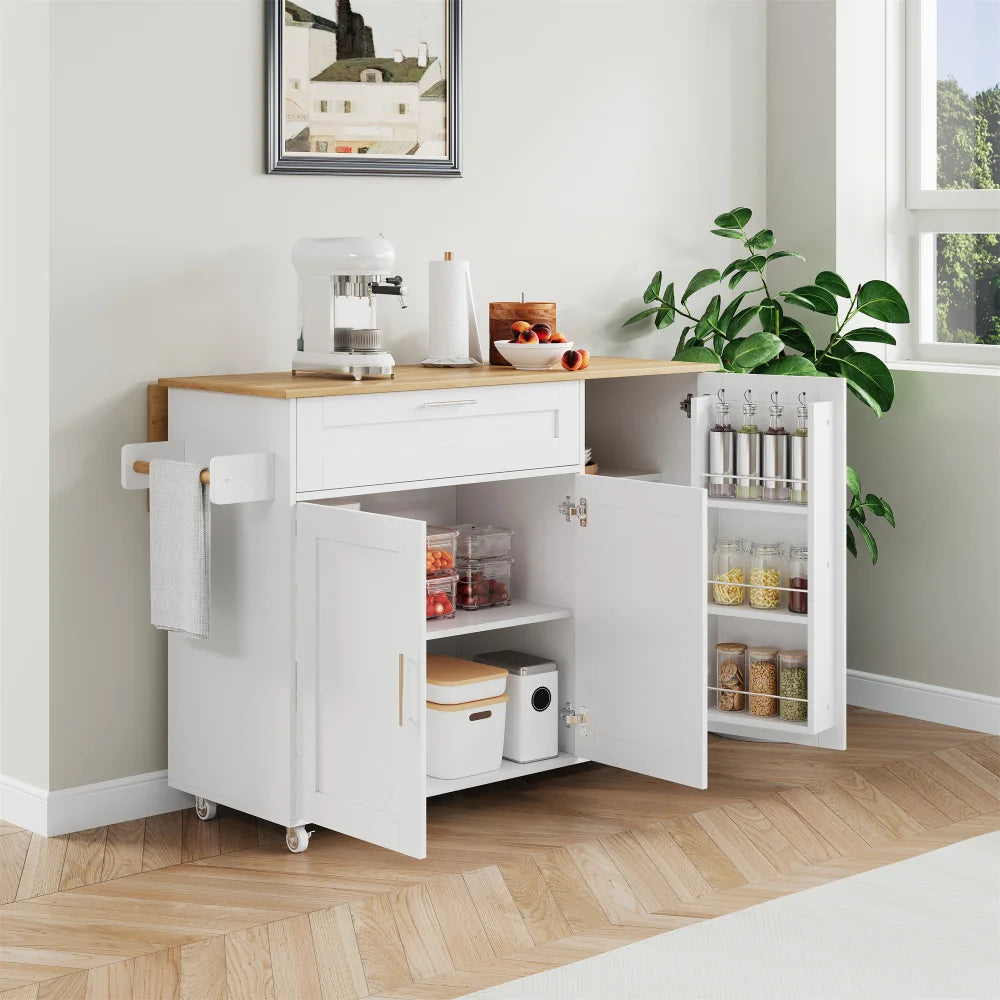 132.5*44(70)*90cm Mobile Kitchen Table, with Folding Worktop and Spice Rack