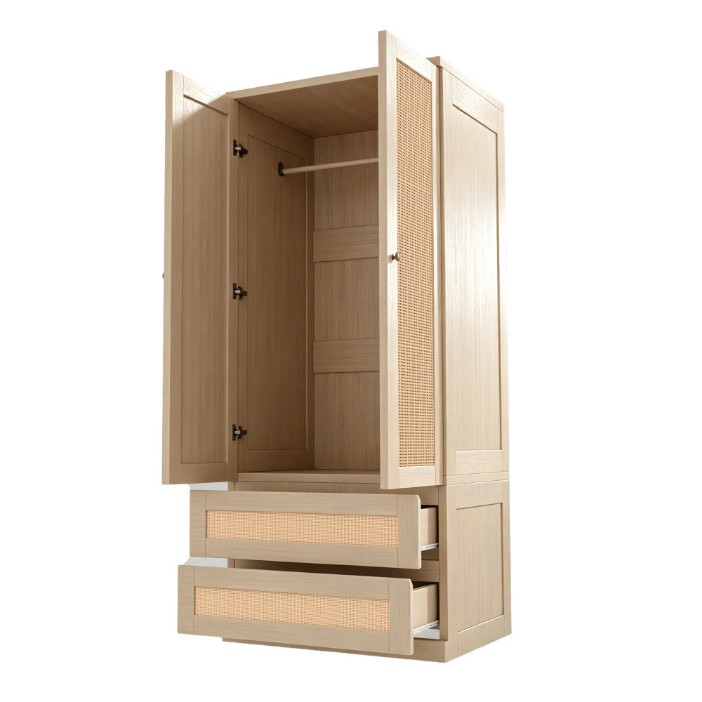 70x55x170cm Double Door Wardrobe with Artificial Rattan Doors