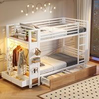 90x200cm White Metal Iron Frame Bunk Bed with 4 Storage Drawers