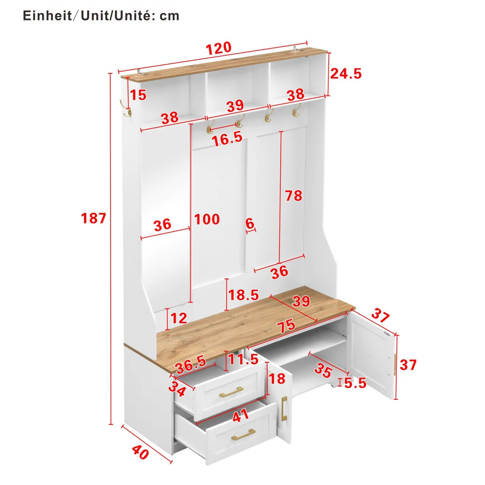 Multifunctional Shoe Cabinet with LED Lighting, Mirror, Hooks and Drawers