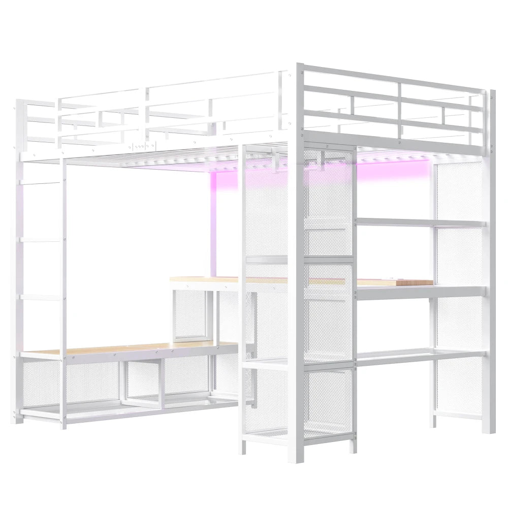 Højseng i metal 140x200 cm med opbevaring og åben garderobe