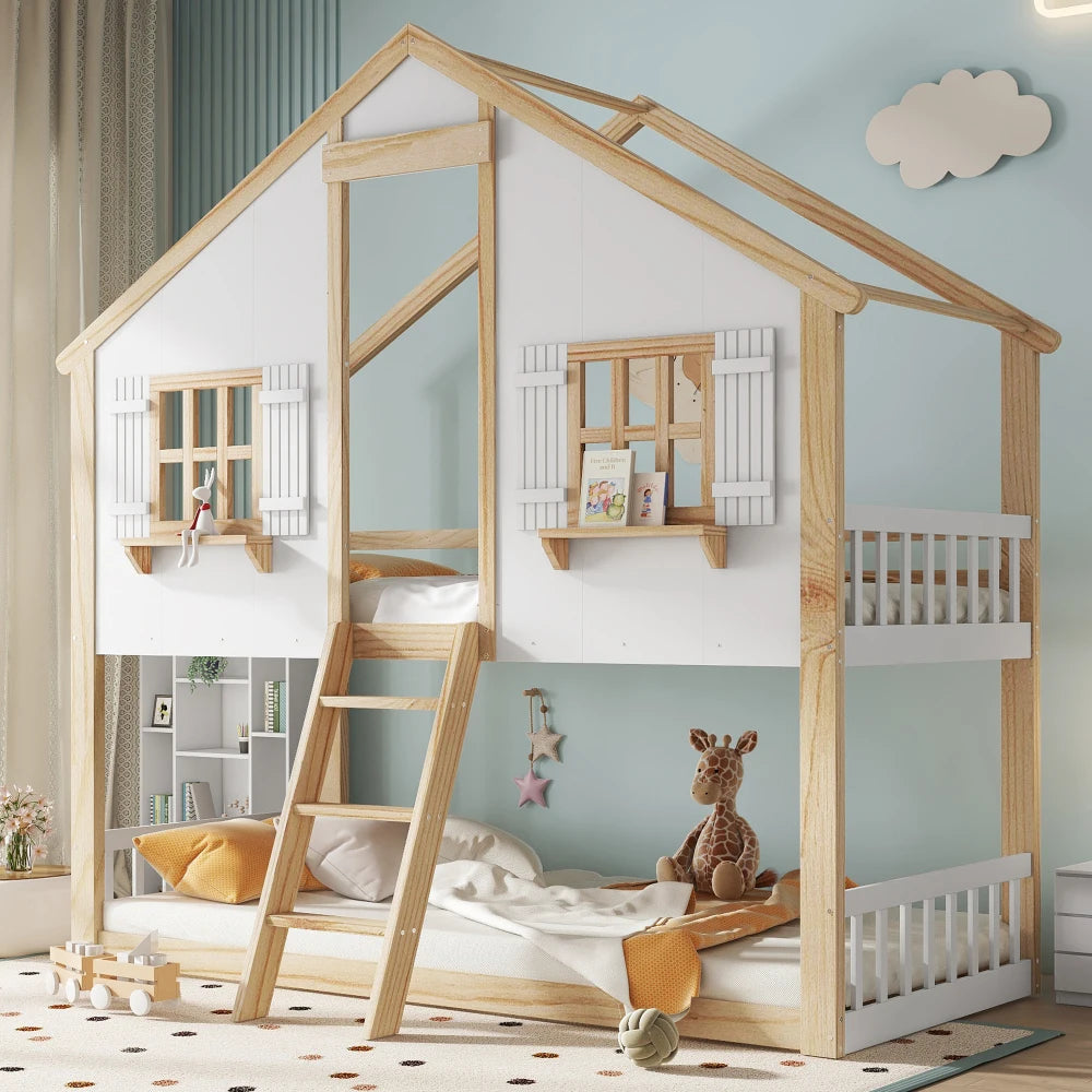 Bunk Bed, Children's Cot, Beautiful Window and Roof, Stable Slat Grille