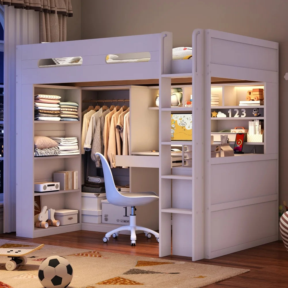90x200cm White High Bed Frame, Loft Bed with Under‑Bed Desk