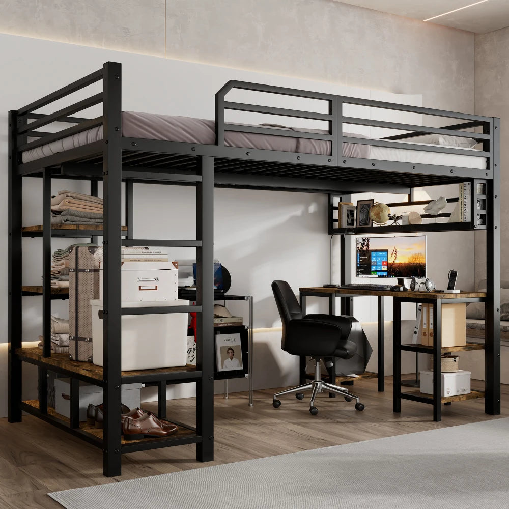 Modern Iron Bed, Bunk Bed, with Desk and Shelf, Stable Slat Grate