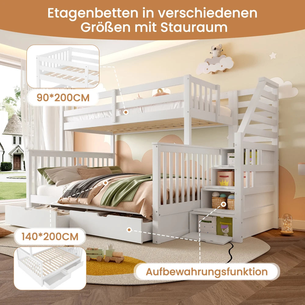 90x200 & 140x200 Children's Bunk Bed with Drawers and Staircase Storage Cabinet