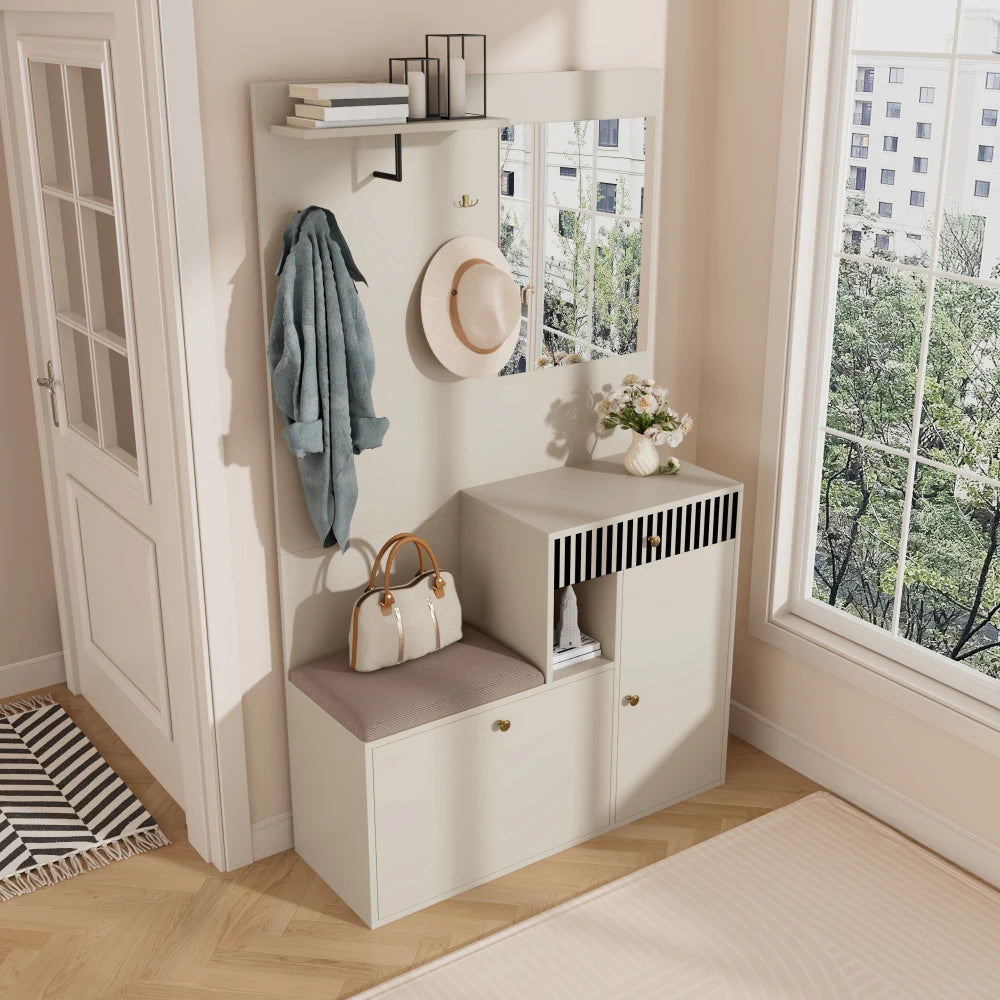 Wardrobe Set, Hallway Wardrobe with Mirror and Cushions, Living Wall, Shelf