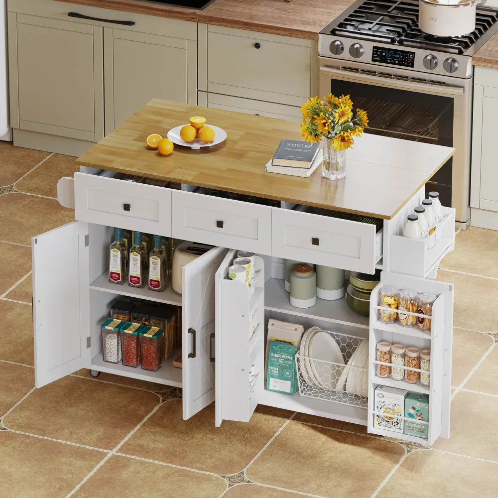 Kitchen Island with Folding Worktop Equipped with 5 Adjustable Rollers 4 Doors 3