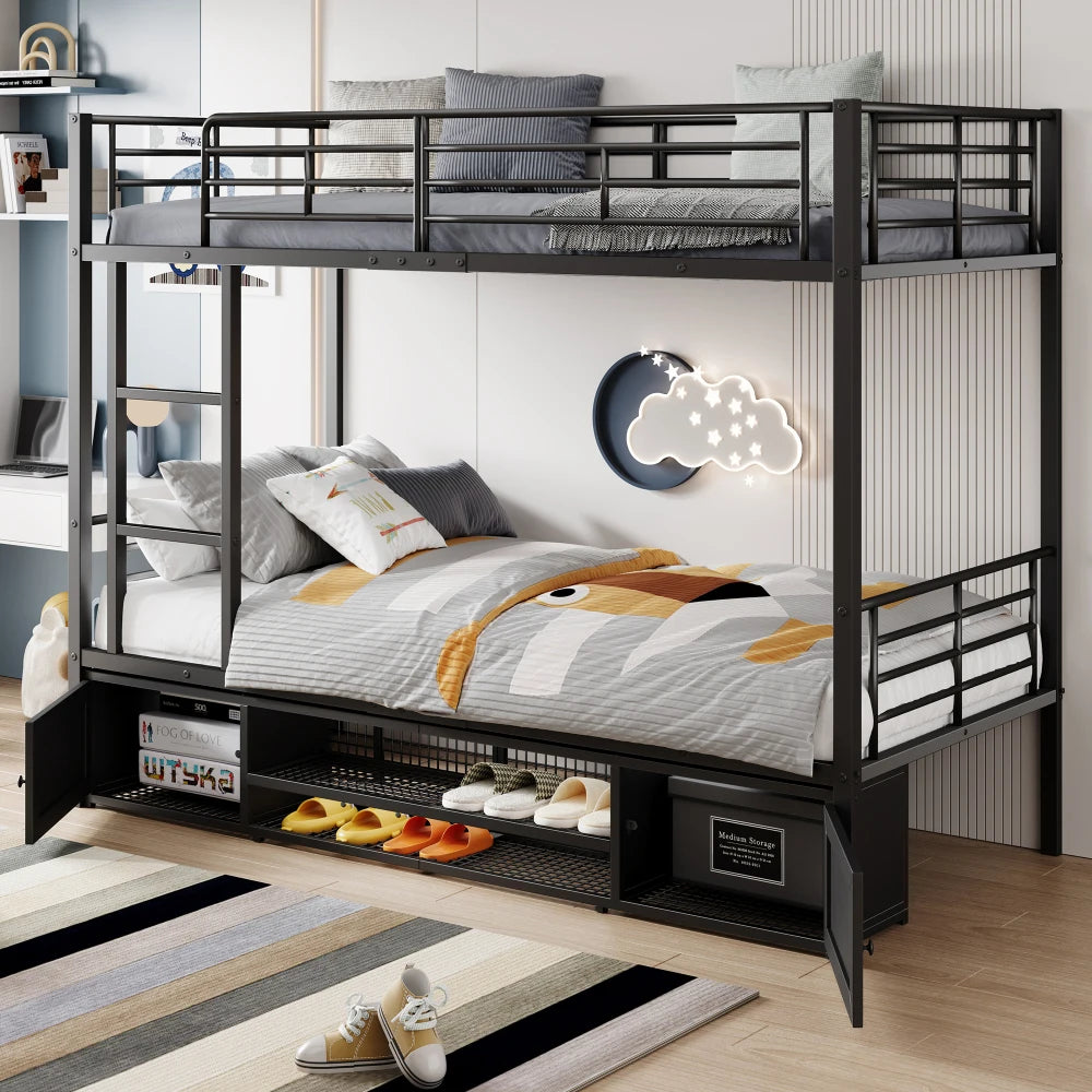 90x200cm Iron Frame Bed, Shoe Cabinet, Double Door Small Storage Cabinet