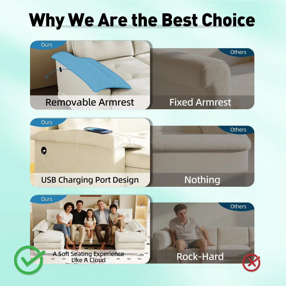 278cm U-Shaped Modular Sofa Bed