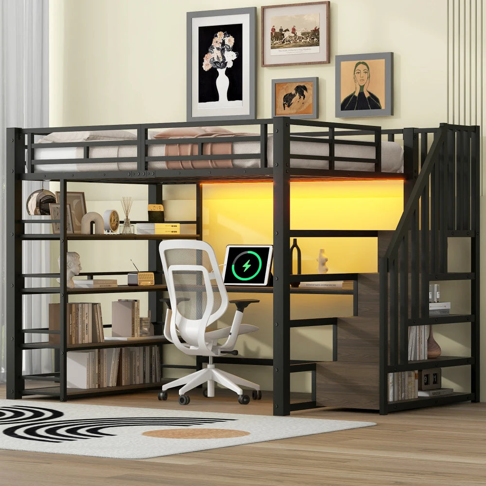 140x200cm Metal Bunk Bed with Stairs and Integrated Desk