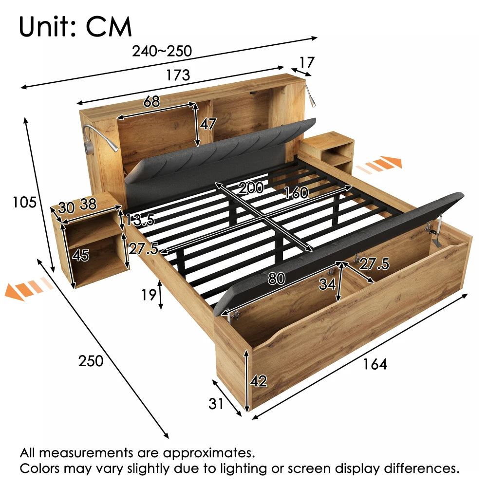 Double Wooden Bed with Folding Headboard, Linen