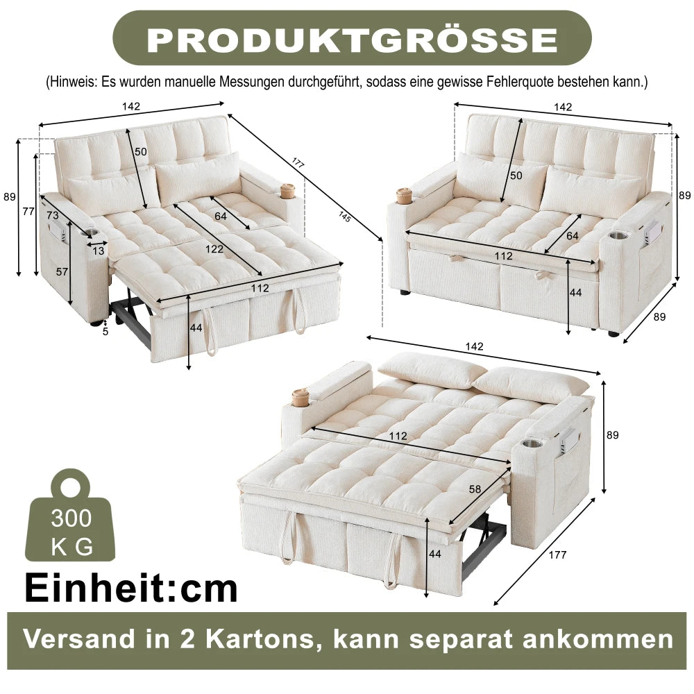 142cm Wide 3‑in‑1 Reclining Convertible Sofa Bed