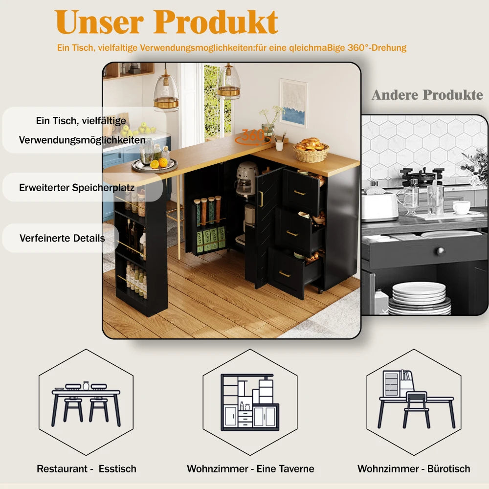 135-228x39x104cm Extendable Bar Cart with 2 Doors & 3 Drawers, Rollable