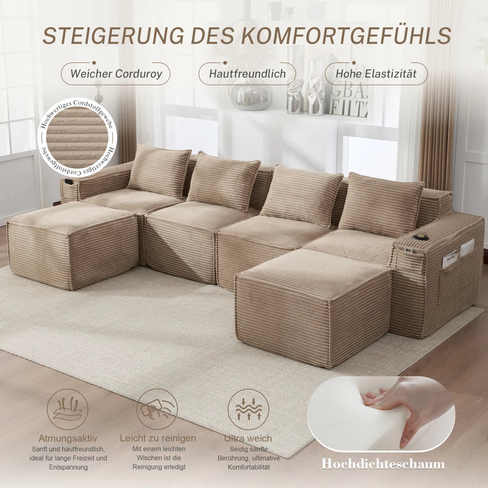 4-Seater Modular Corduroy Sofa Set with 2 Stools