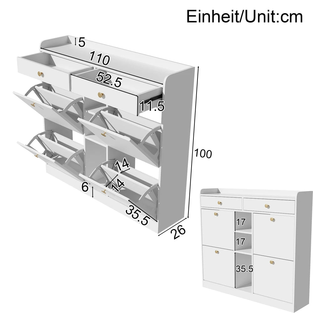 Elegant White Shoe Cabinet with 4 Folding Doors, 2 Drawers