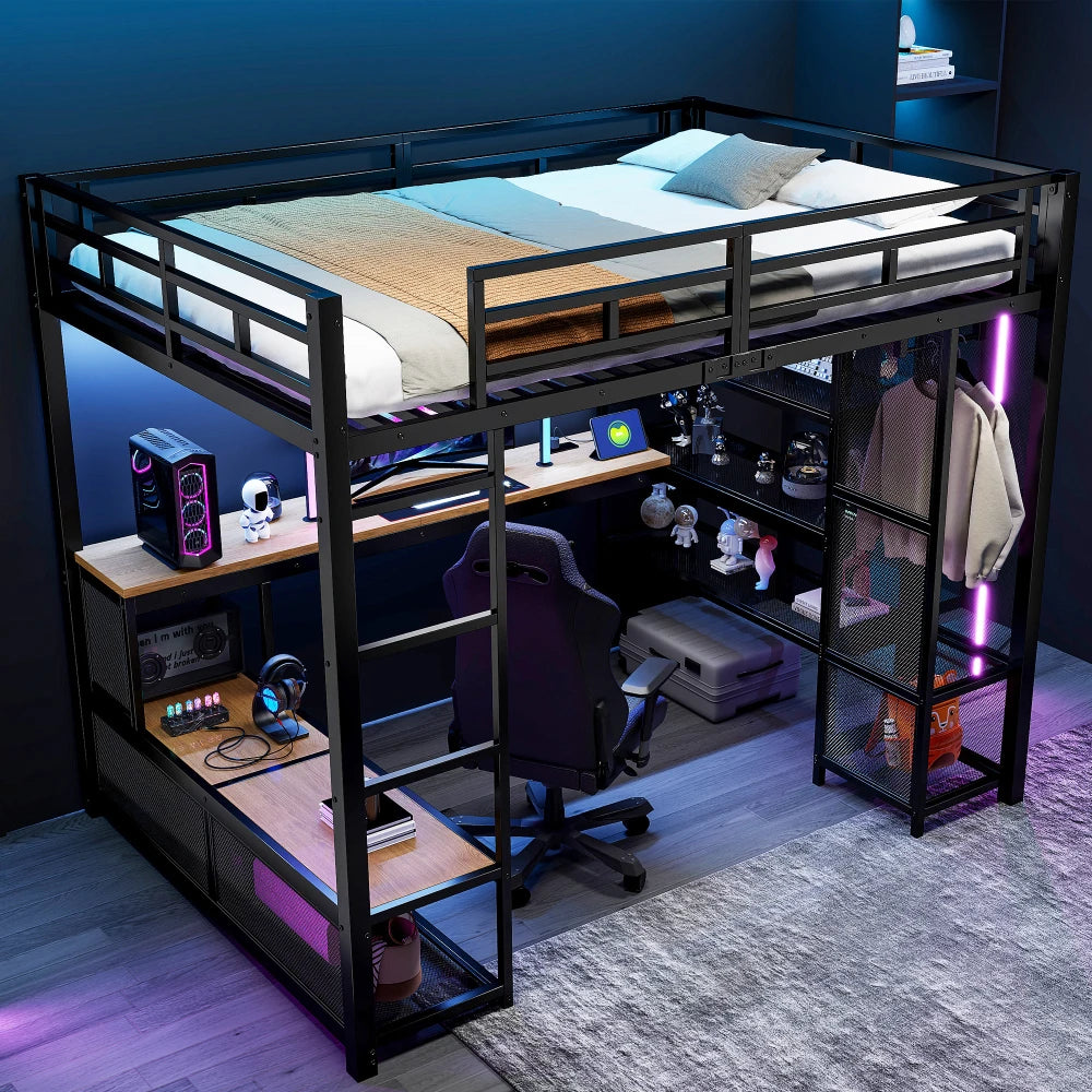 140x200cm Metal High Bed with Storage and Open Wardrobe