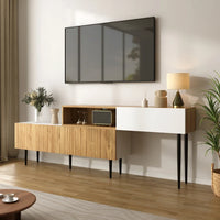 Modern TV Cabinet with Adjustable Length, Wooden Optics + White Matt
